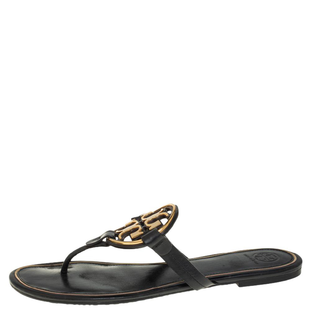 

Tory Burch Black/Gold Leather Miller Flat Thong Sandals Size