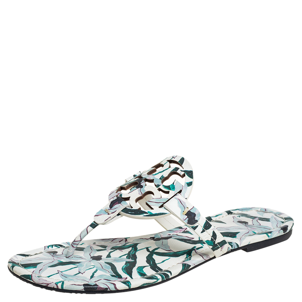 Tory Burch White/Green Floral Print Leather Miller Flat Thong Sandals Size 40