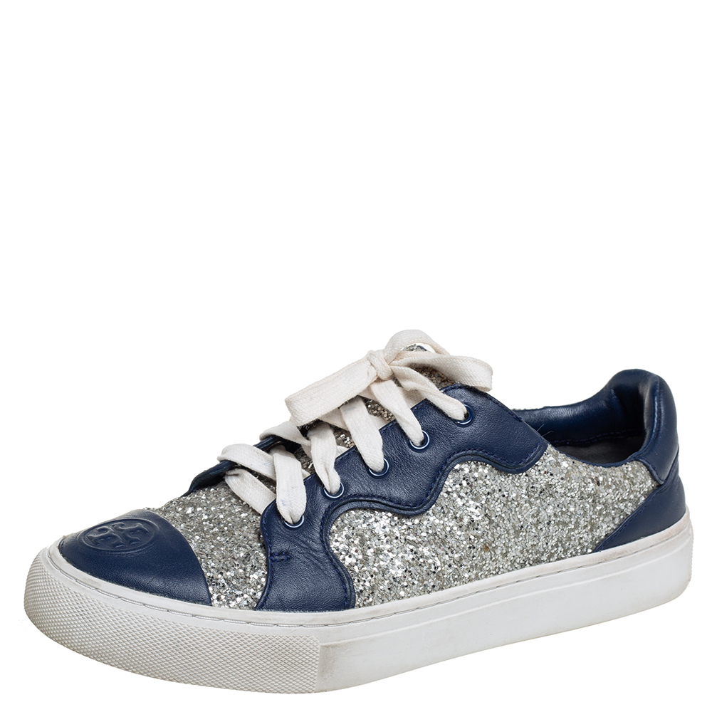 Tory Burch Blue/Silver Leather And Glitter Milo Low Top Sneakers Size 36