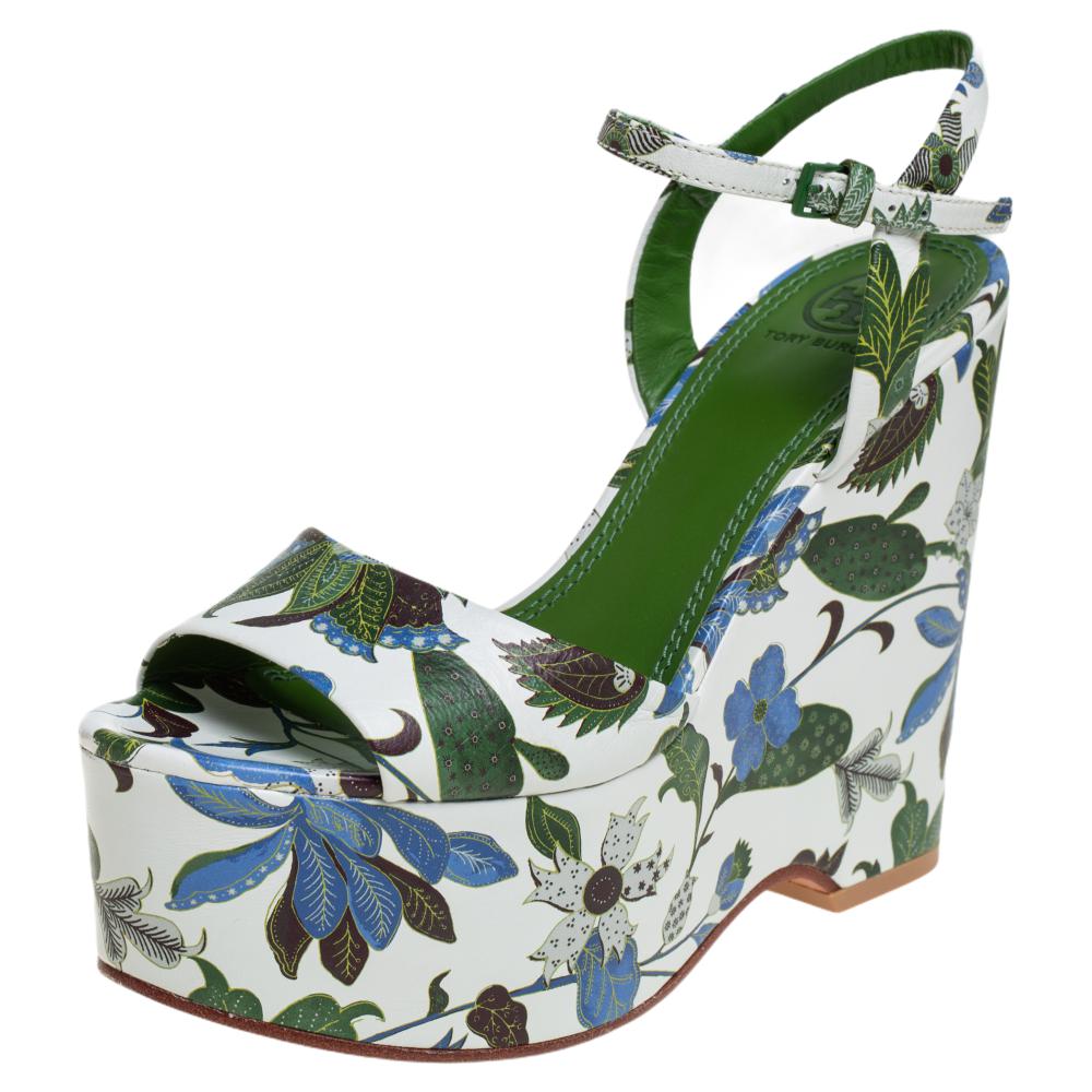 Tory Burch Multicolor Floral Print Leather Ankle Strap Wedge Sandals Size 35.5
