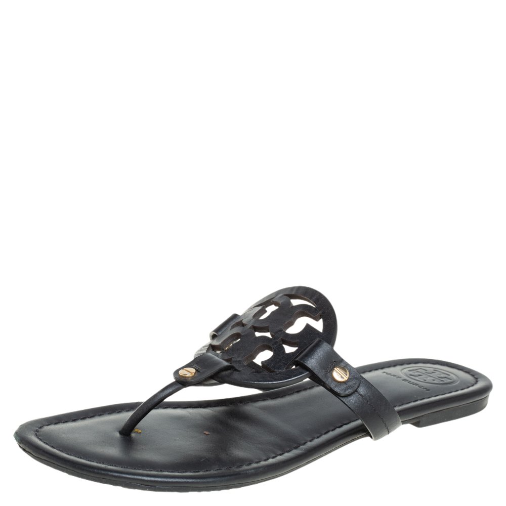 Tory Burch Black Leather Miller Flat Thong Sandals Size 39