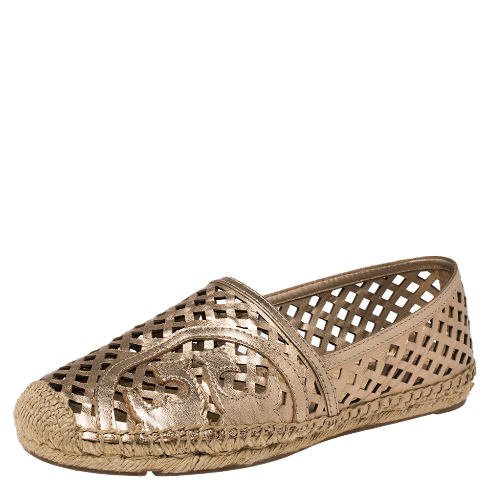 Tory Burch Gold Leather Laser Cut Espadrille Flats Size 38.5