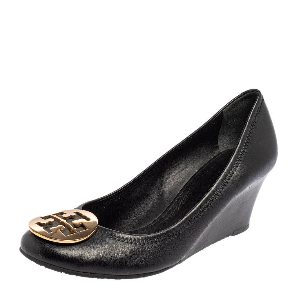 Tory Burch Black Leather Sophie Embellished Wedge Pumps Size 39