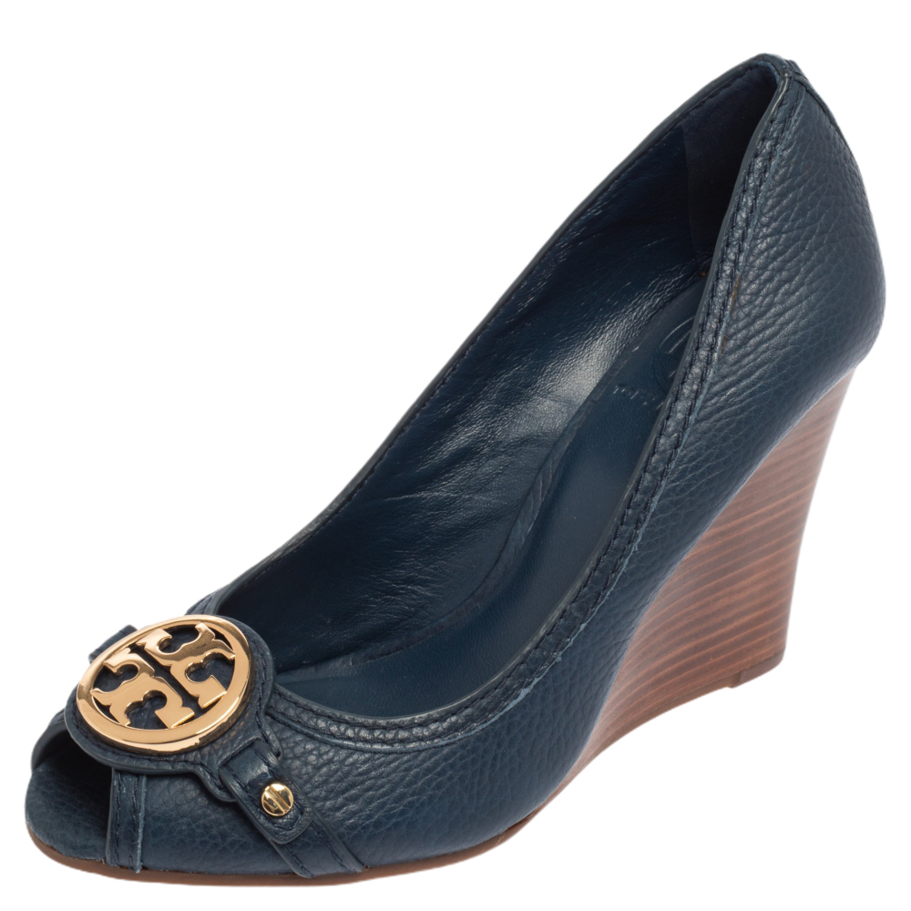 Tory Burch Blue Leather Leticia Peep Toe Wedge Pumps Size 37.5
