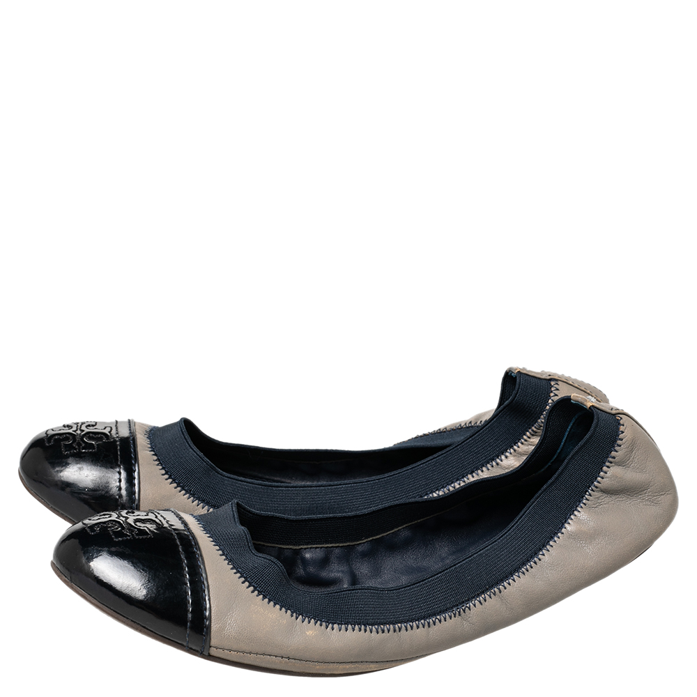 Tory Burch Grey/Blue Leather And Elastic Gabby Scrunch Ballet Flats Size 38.5