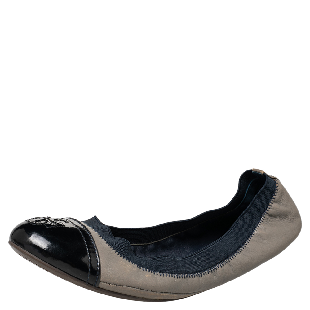 Tory burch grey/blue leather and elastic gabby scrunch ballet flats size 38.5