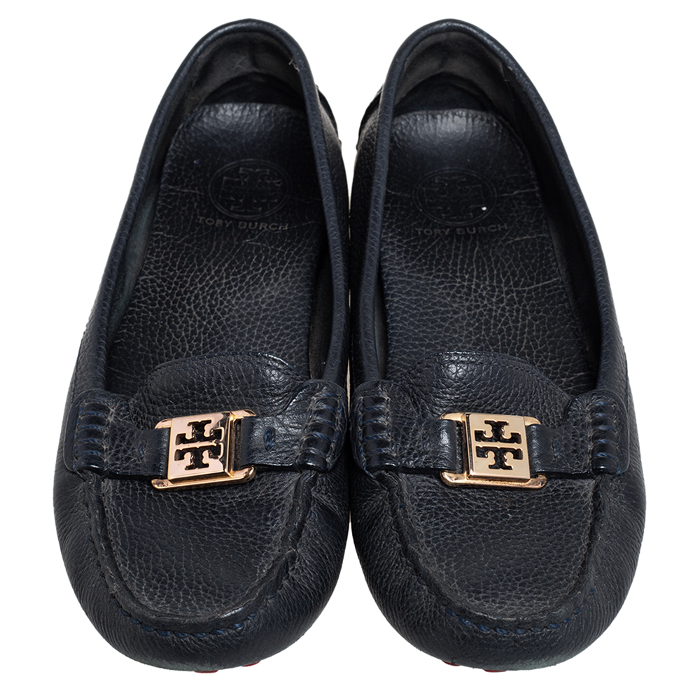 Tory Burch Navy Blue Grained Leather Driving Loafers Size 40