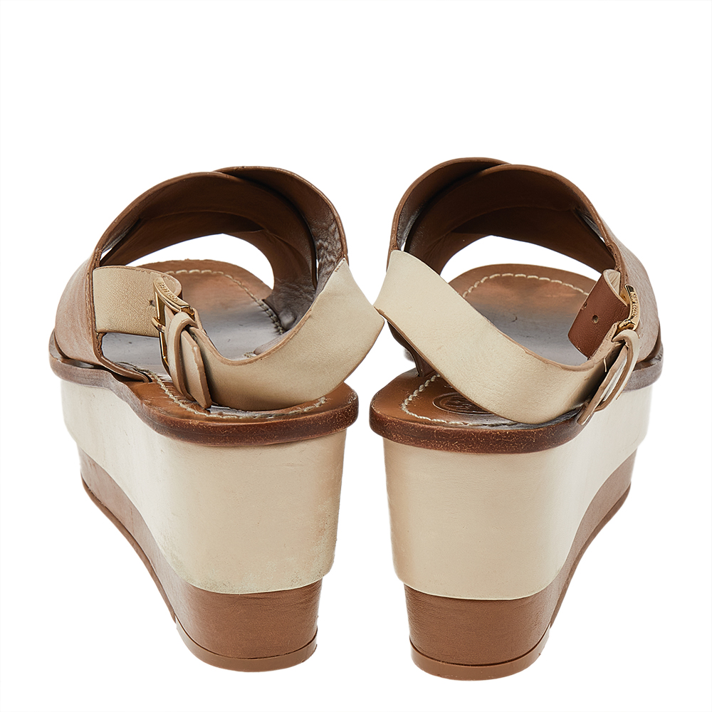 Tory Burch Brown/Beige Leather Platform Wedge Slingback Sandals Size 38.5