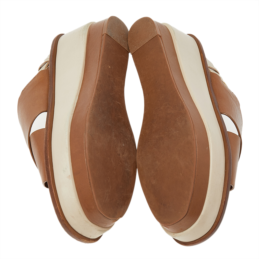 Tory Burch Brown/Beige Leather Platform Wedge Slingback Sandals Size 38.5