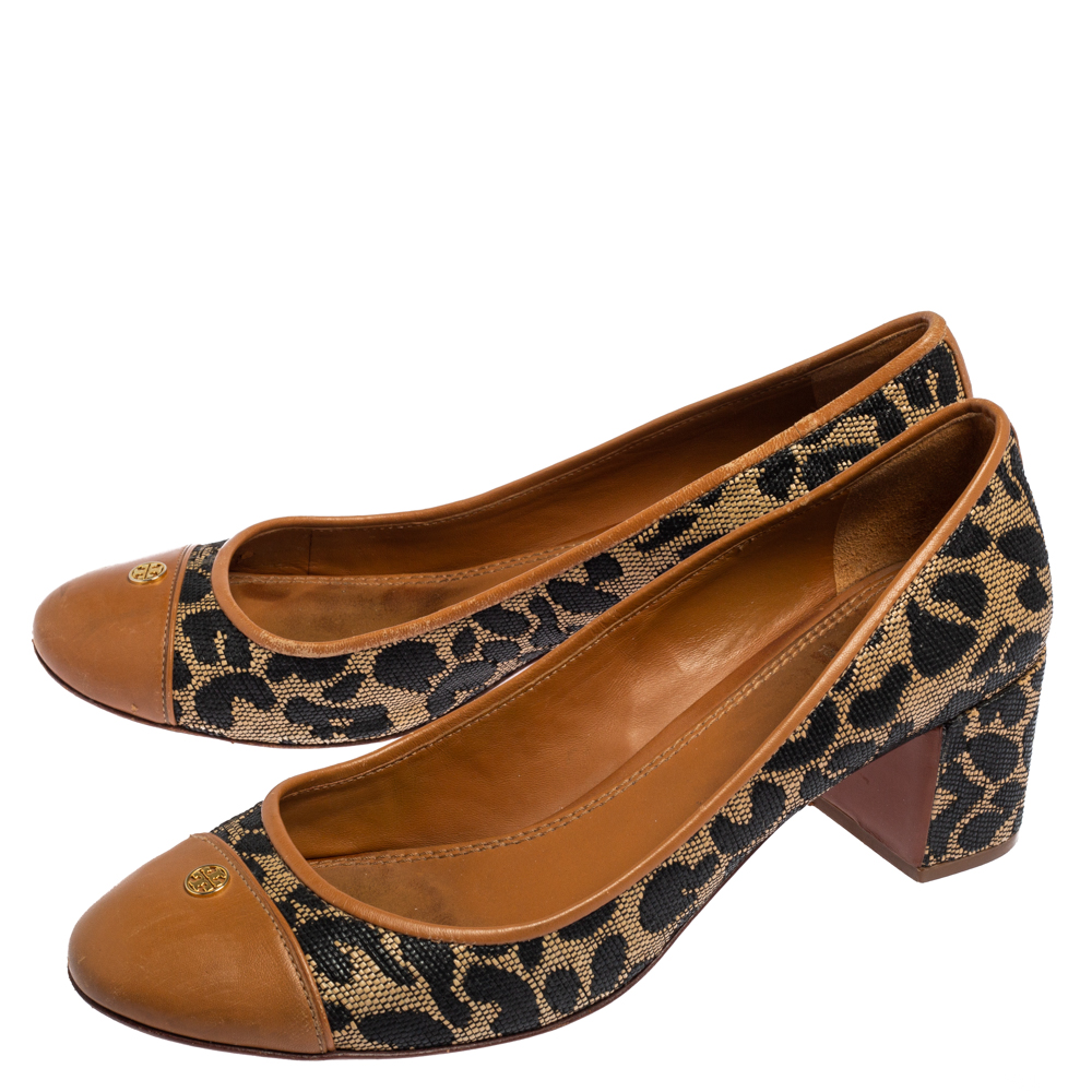 Tory Burch Brown/Beige Leopard Print Woven And Leather Raffia Ethel Block Heel Pumps Size 39