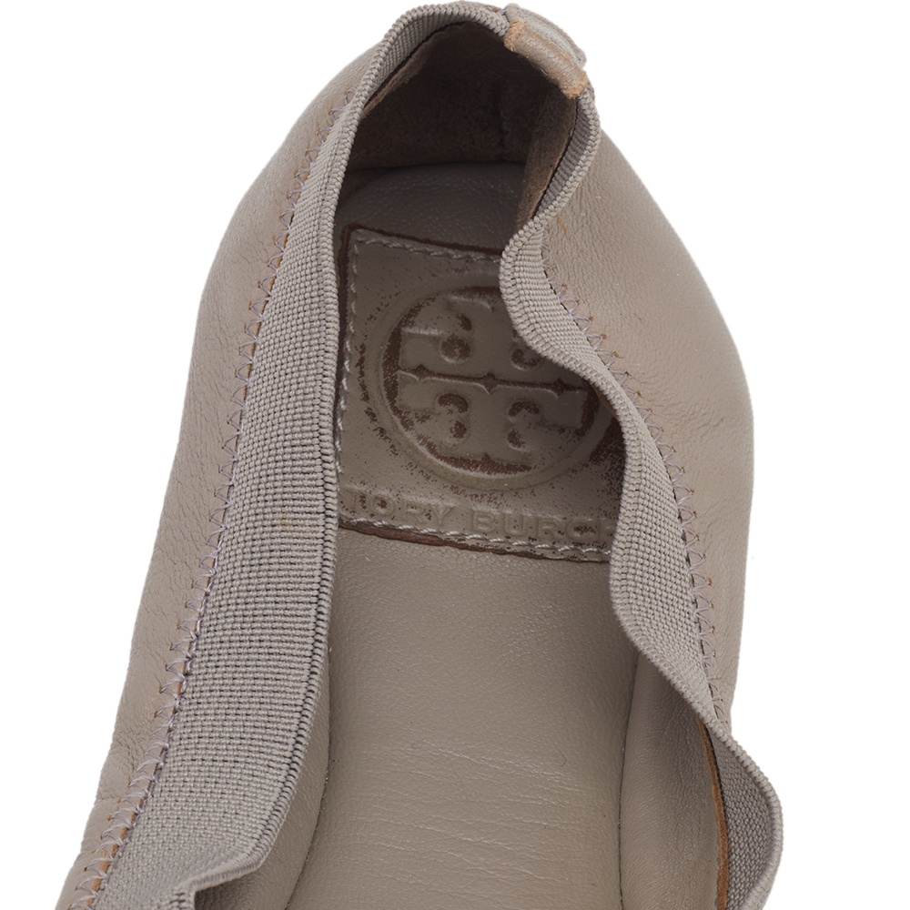 Tory Burch Grey Leather Carolina Scrunch Ballet Flats Size 37