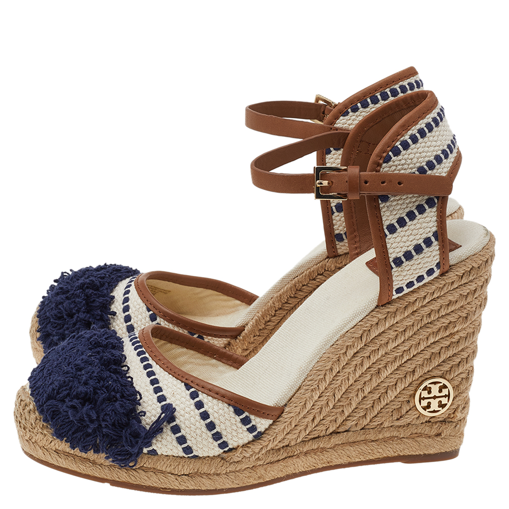 Tory Burch White/Blue Canvas And Leather Wedge Espadrille Ankle Strap Sandals Size 38.5