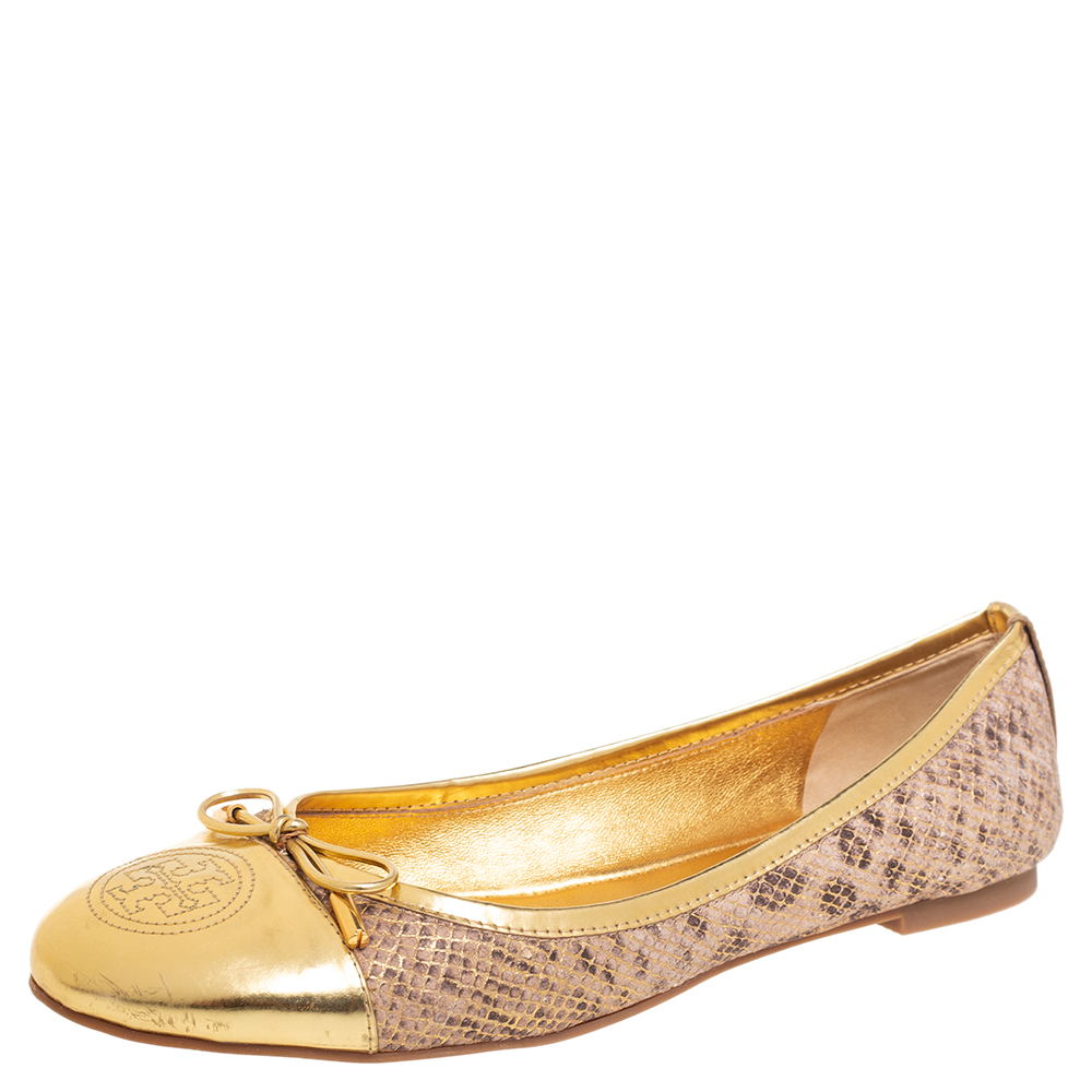 Tory Burch Gold-Beige Snakeskin Effect Suede And Glossy Leather Bow Ballet Flats Size 39.5