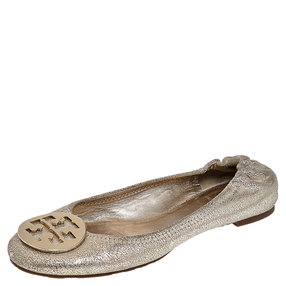 Tory Burch Gold Shimmery Suede Reva Scrunch Ballet Flats Size 38.5