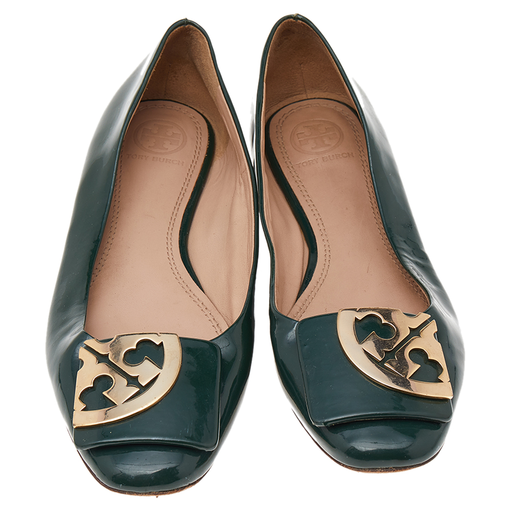Tory Burch Green Patent Leather Square Toe Flats Size 37.5