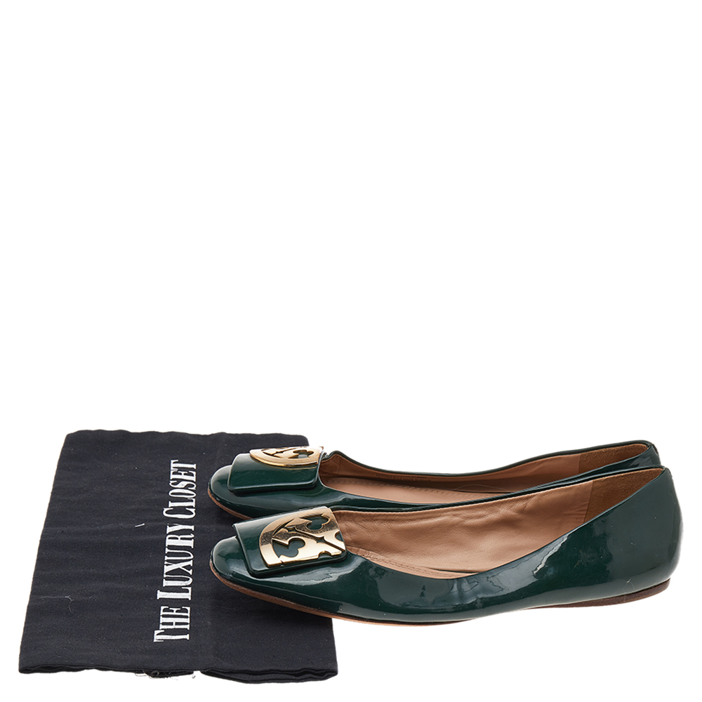Tory Burch Green Patent Leather Square Toe Flats Size 37.5