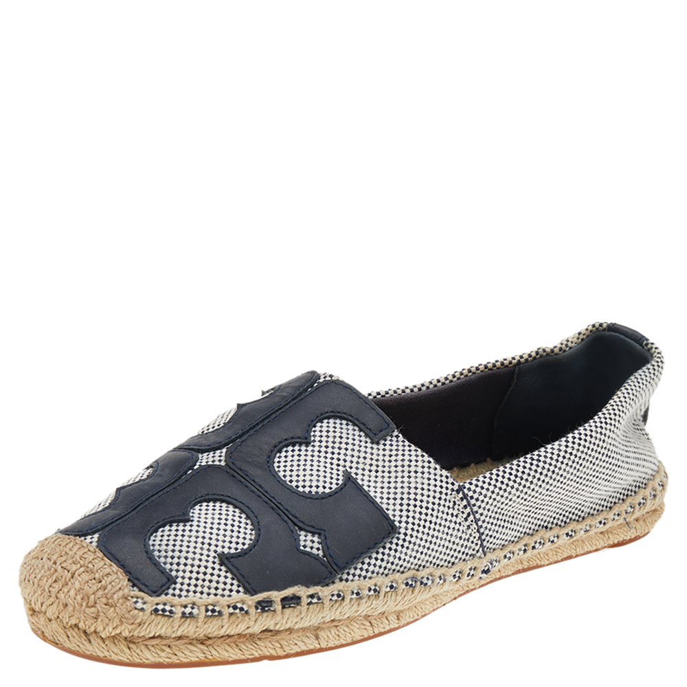 Tory burch black/white canvas and leather logo lonnie espadrilles flats size 37