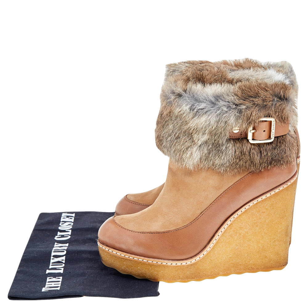 Tory Burch Tan Leather, Suede And Fur Wedge Ankle Boots Size 37