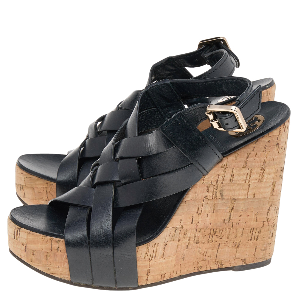 Tory Burch Black Leather Cork Wedge Strappy Platform Sandals Size 38