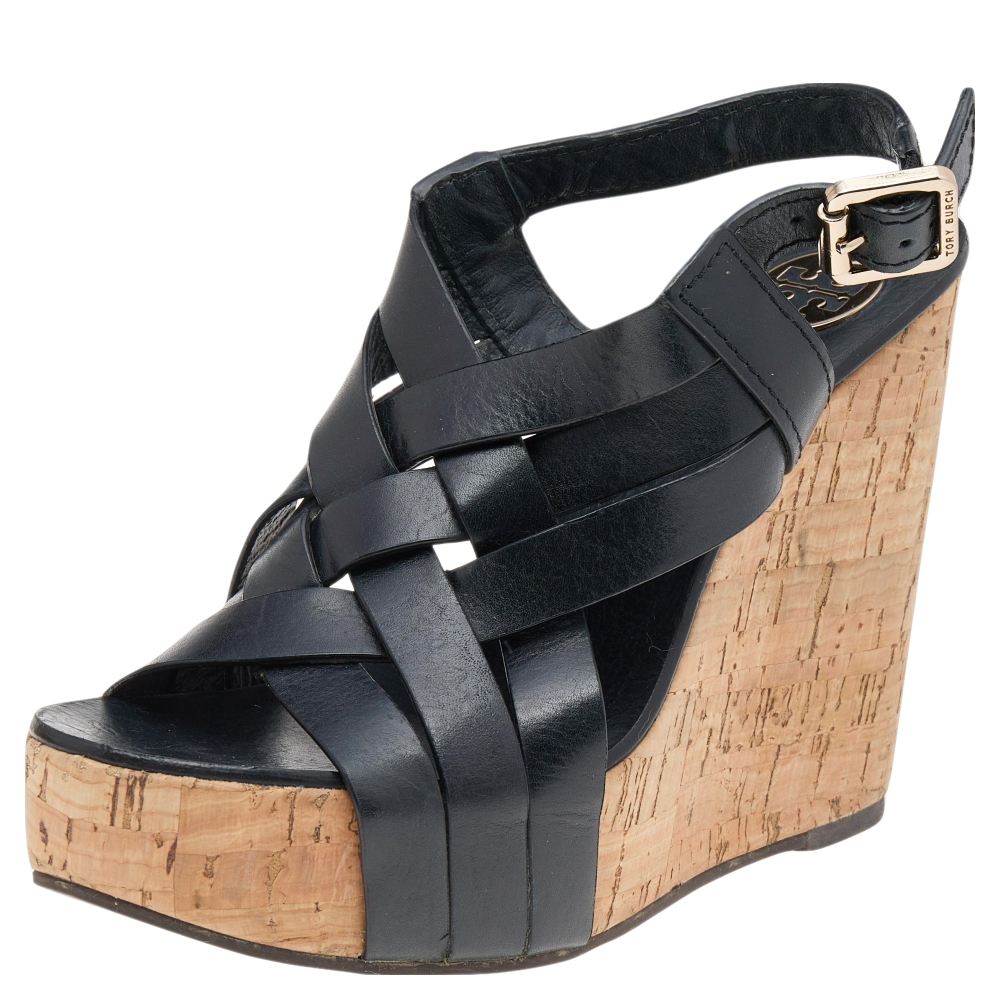 Tory Burch Black Leather Cork Wedge Strappy Platform Sandals Size 38