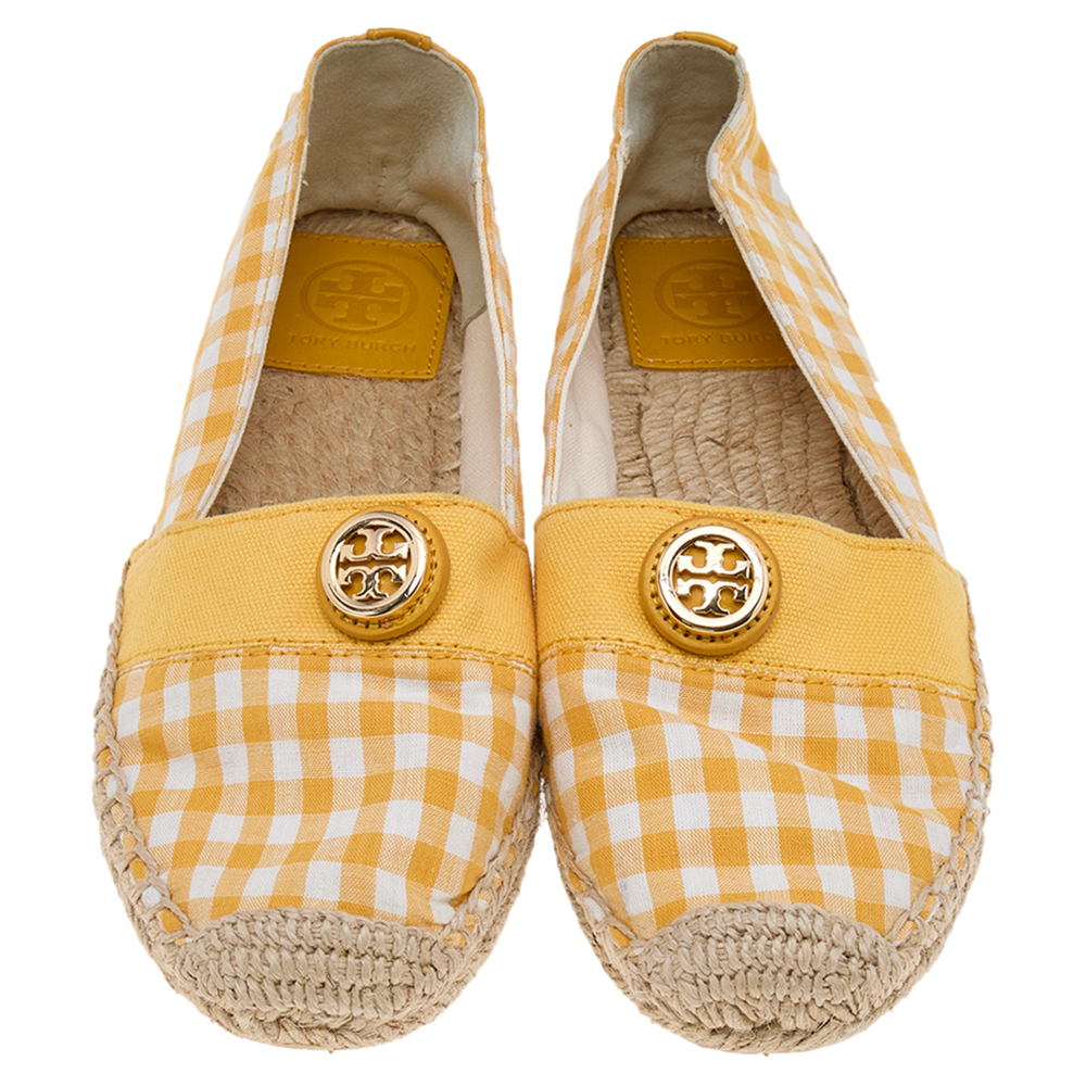 Tory Burch Yellow/White Gingham Fabric And Canvas Espadrille Flats Size 37.5