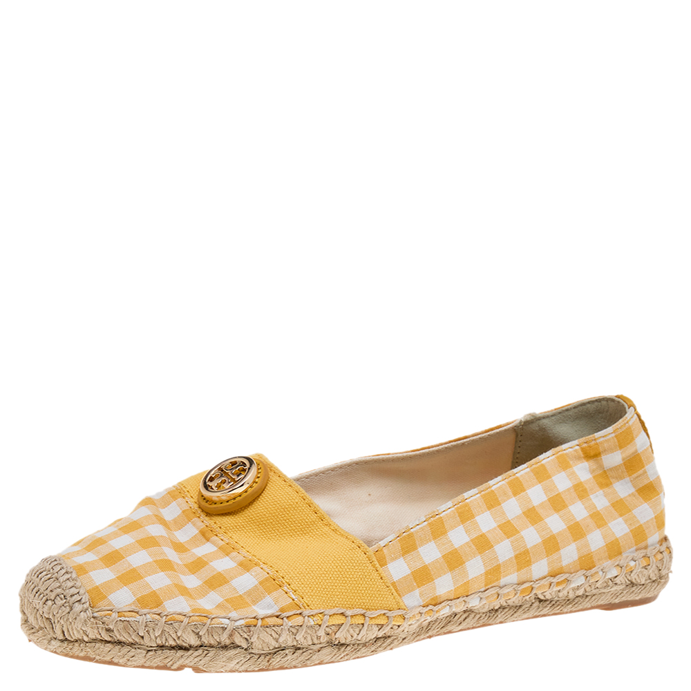 Tory burch yellow/white gingham fabric and canvas espadrille flats size 37.5