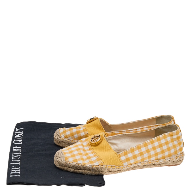 Tory Burch Yellow/White Gingham Fabric And Canvas Espadrille Flats Size 37.5