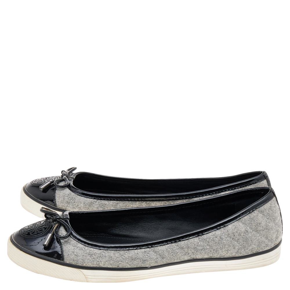 Tory Burch Grey Wool And Patent Leather Flats Size 37.5