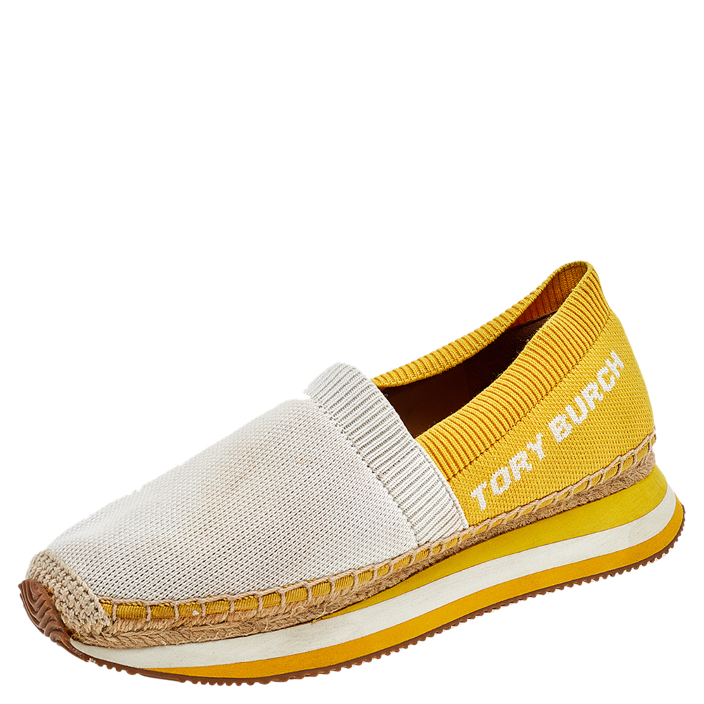 Tory burch white/yellow knit fabric daisy espadrille slip on sneakers size 38.5