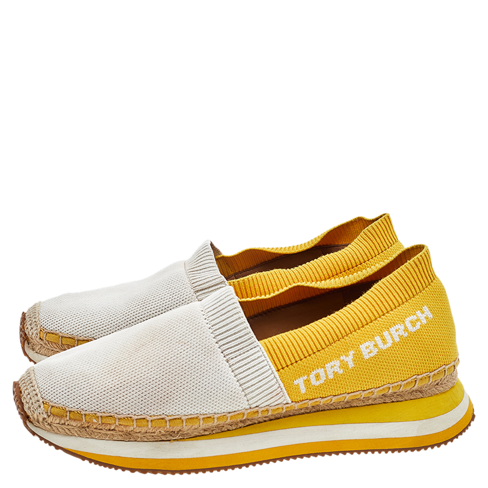 Tory Burch White/Yellow Knit Fabric Daisy Espadrille Slip On Sneakers Size 38.5