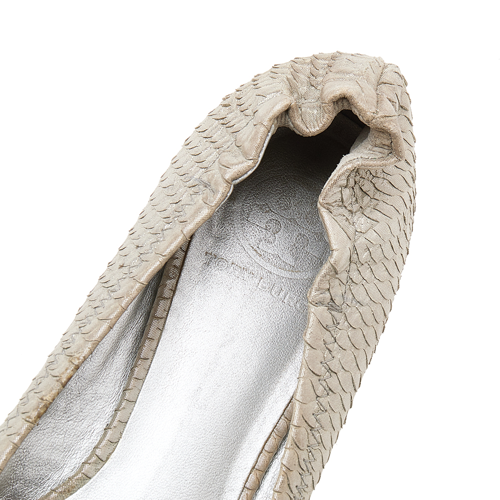 Tory Burch Silver Python Embossed Leather Reva Ballet Flats Size 38.5