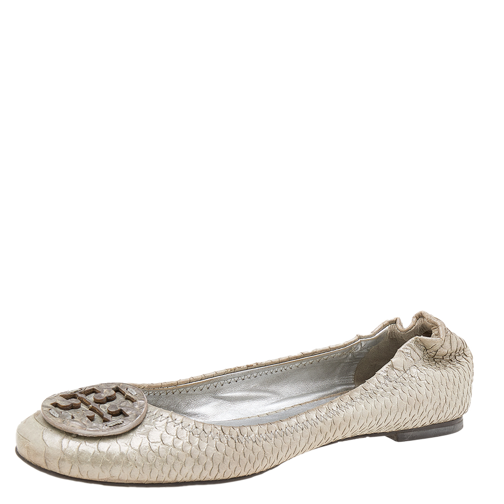 Tory burch silver python embossed leather reva ballet flats size 38.5