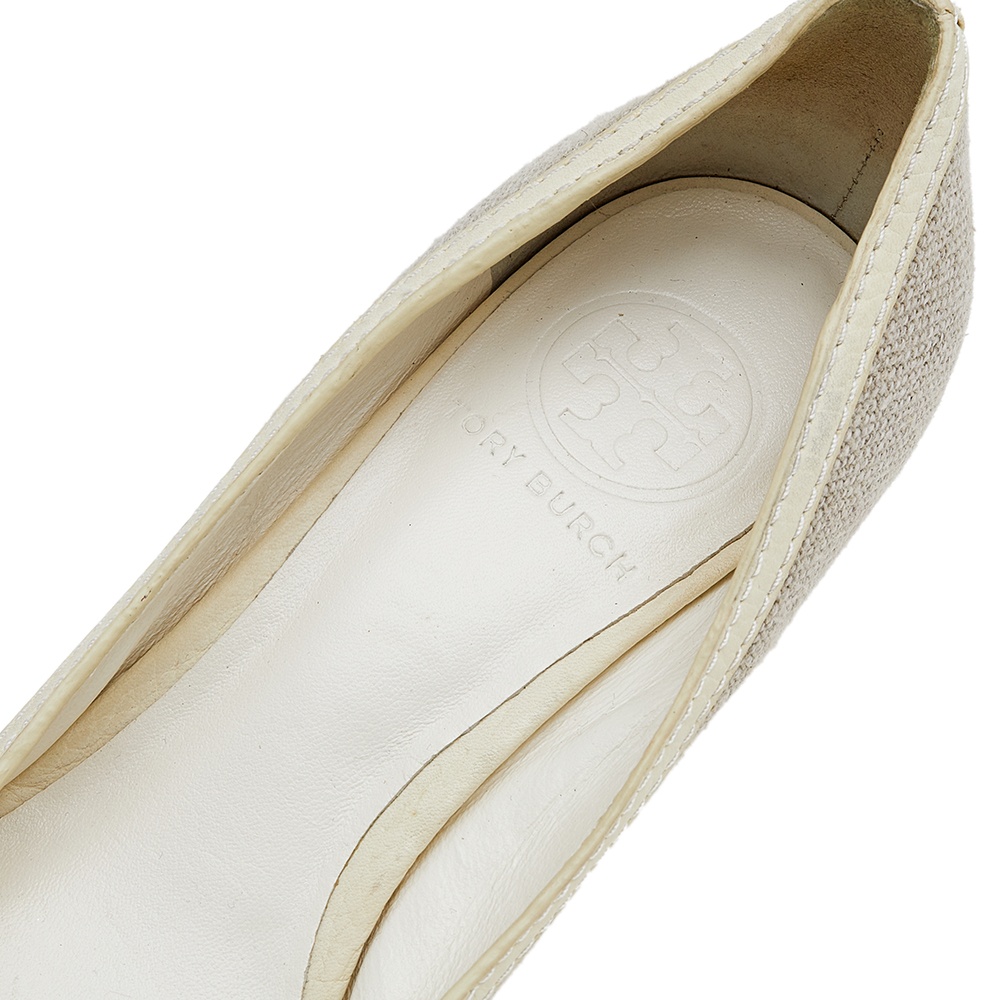 Tory Burch Grey/Cream Canvas And Leather Wedge Peep Toe Pumps Size 37.5