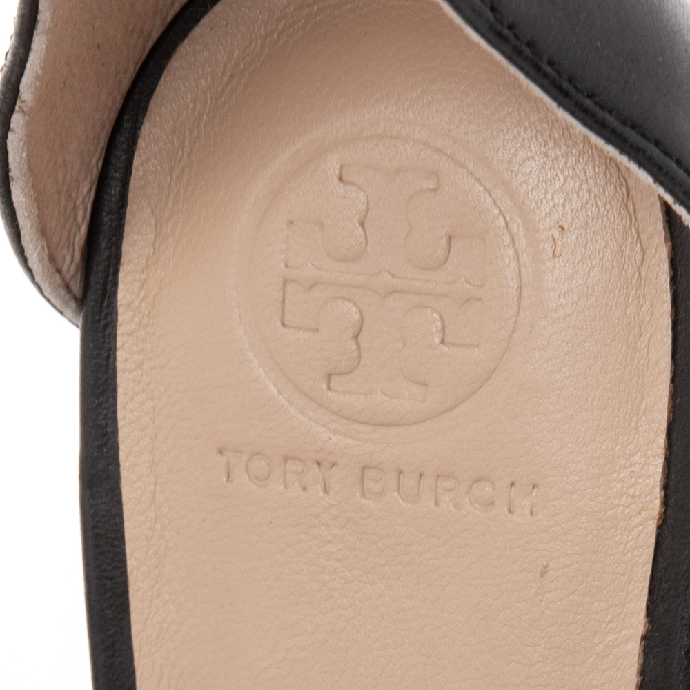 Tory Burch Black Laser Cut Scalloped Trim Leather Platform Ankle Strap Sandals Size 40