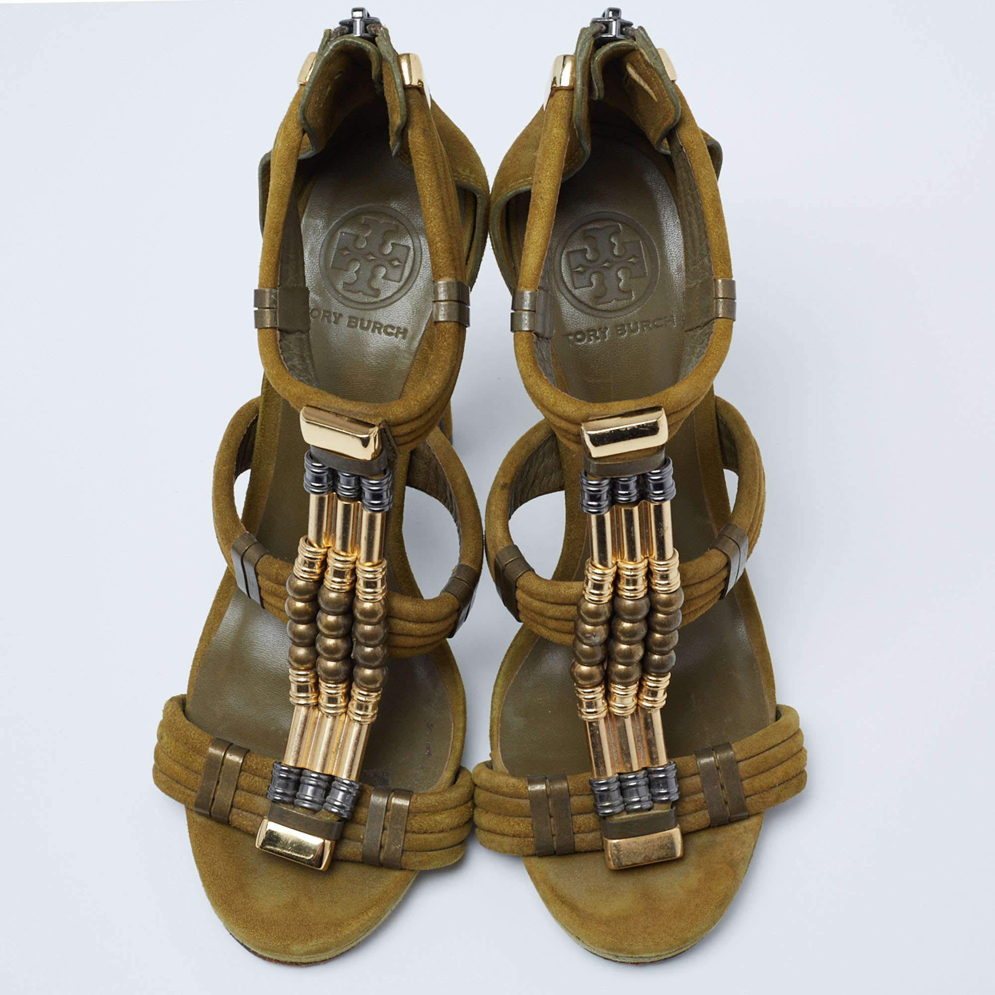 Tory Burch Olive Green Suede Beaded Gladiator Sandals Size 39