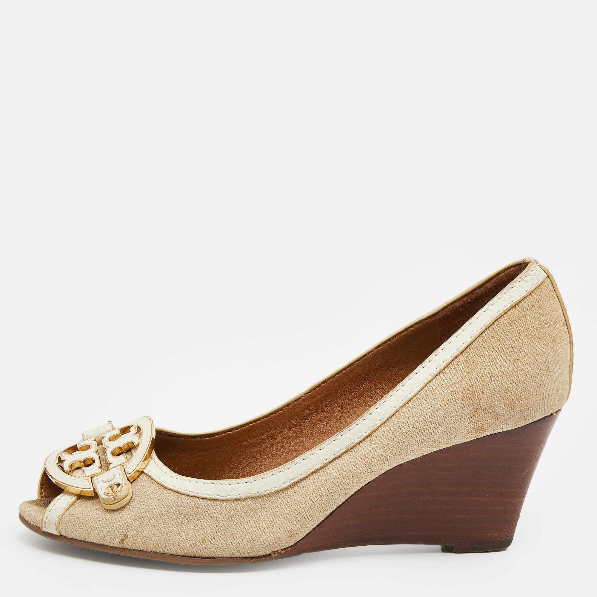 Tory Burch Beige/White Canvas And Leather Amanda Peep Toe Wedge Pumps Size 38
