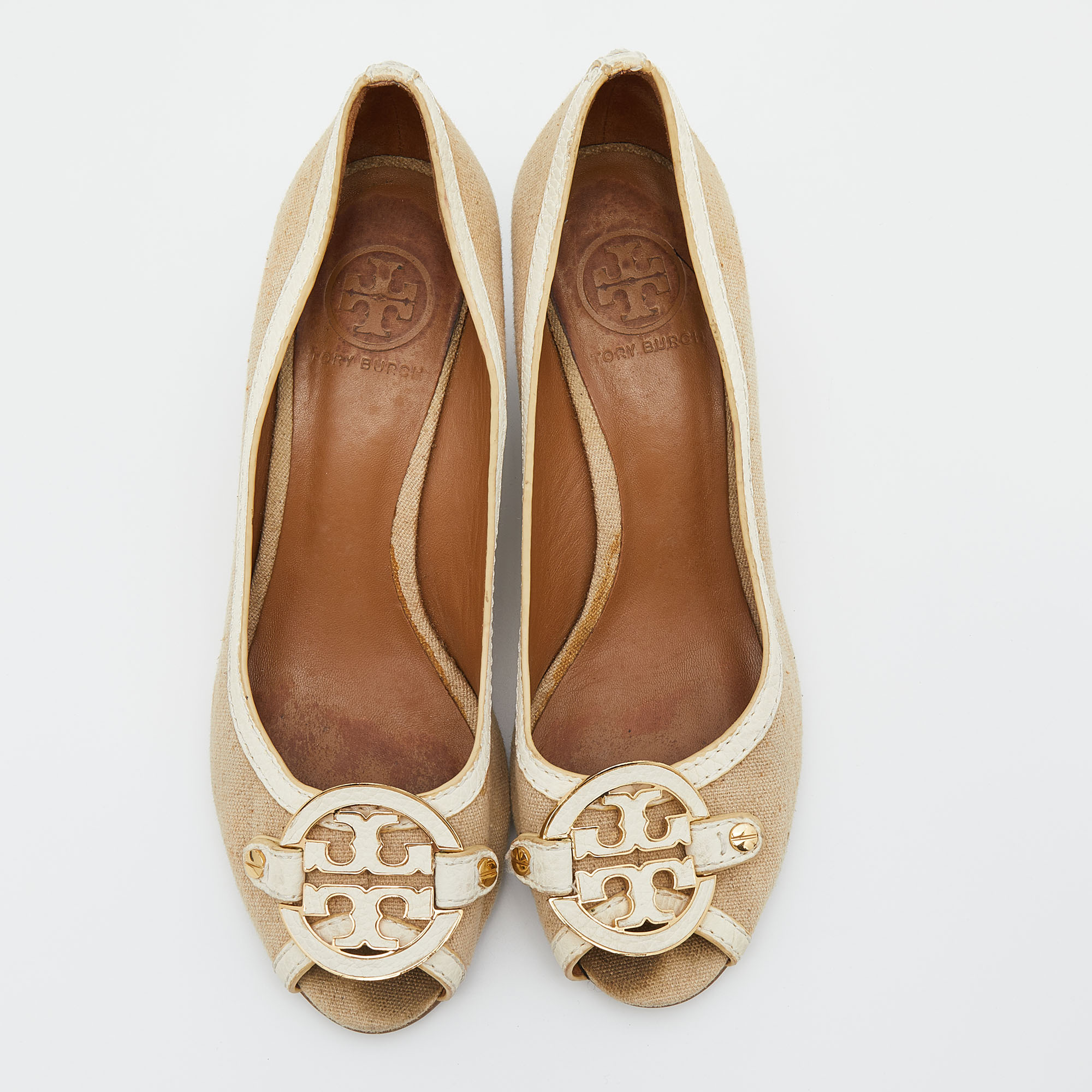 Tory Burch Beige/White Canvas And Leather Amanda Peep Toe Wedge Pumps Size 38