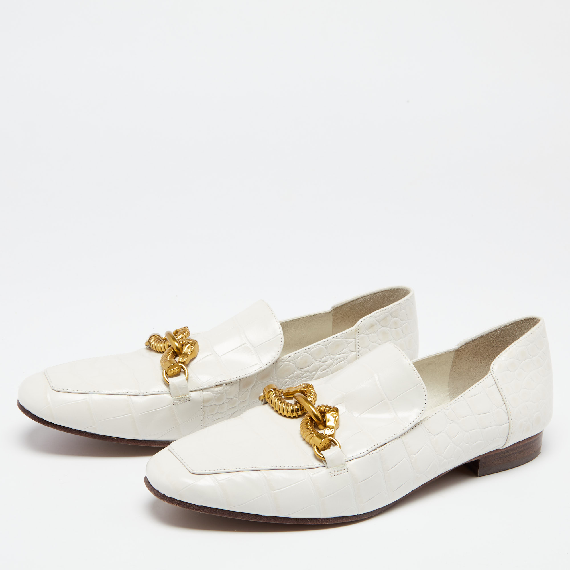 

Tory Burch White Croc Embossed Leather Jessa Loafers Size