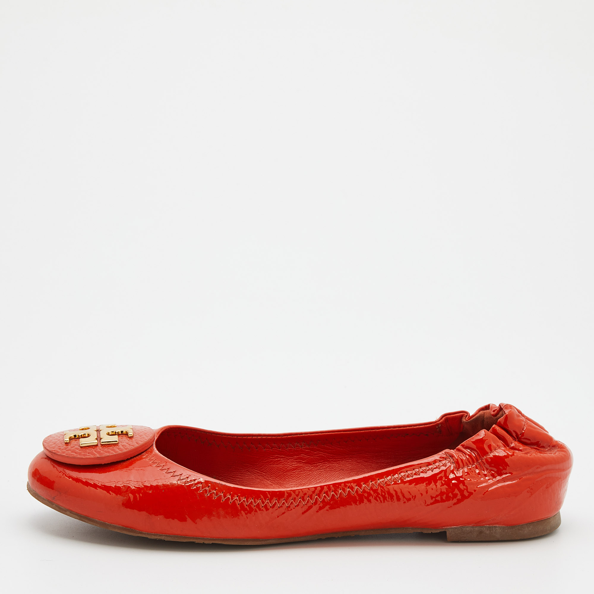 Tory Burch Orange Patent Leather Minnie Scrunch Ballet Flats Size 37.5