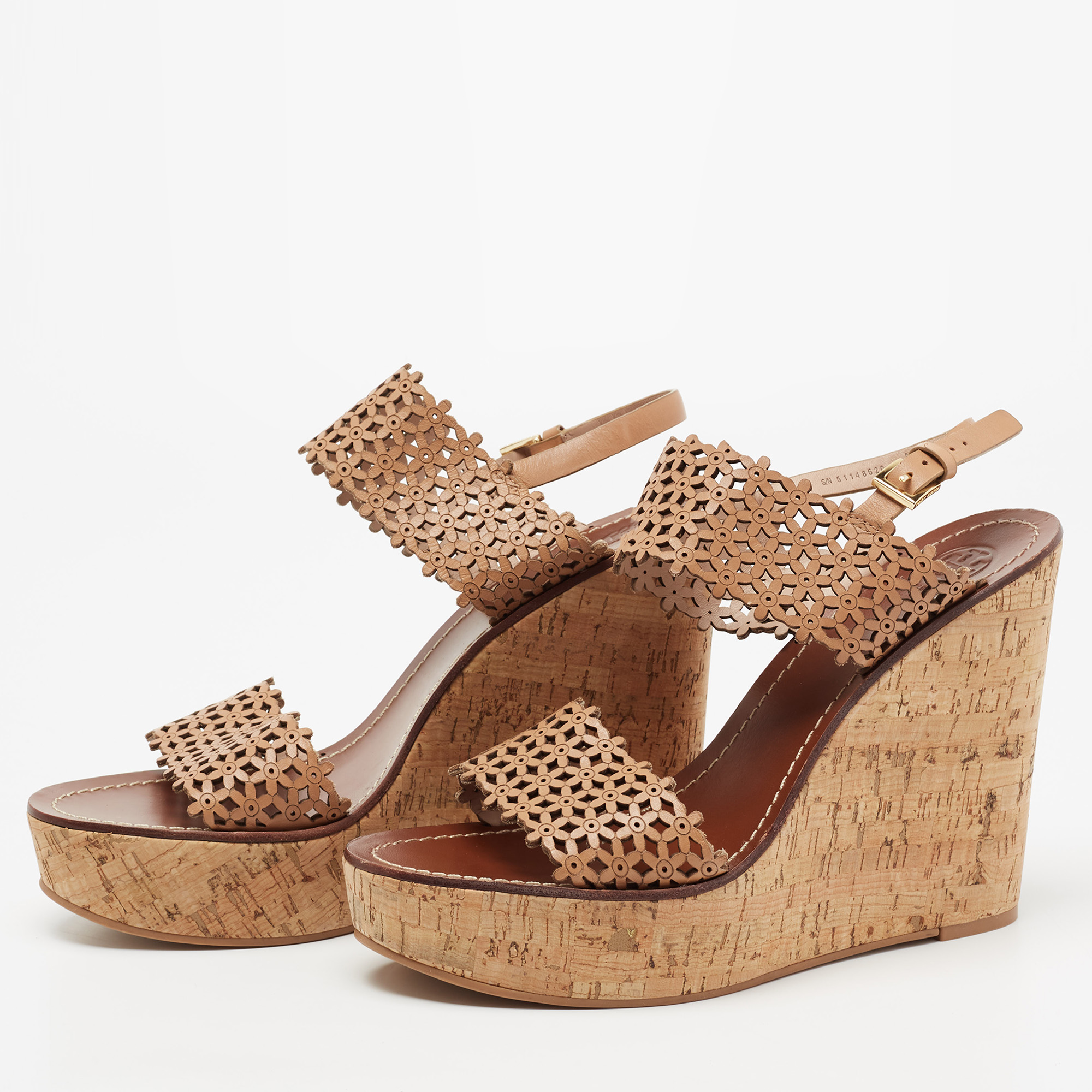 

Tory Burch Beige Perforated Leather Daisy Cork Platform Wedge Sandals Size