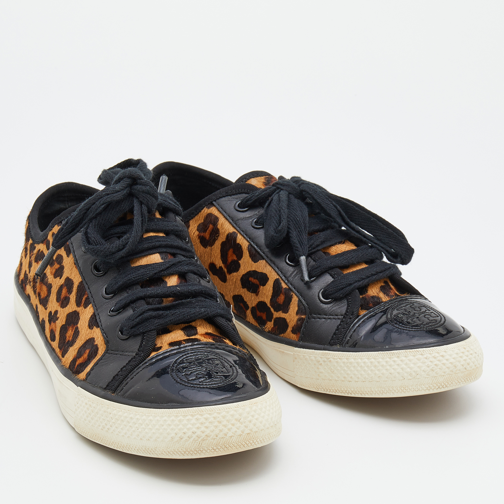 Tory Burch Black/Brown Leopard Print Calf Hair And Leather Low Top Sneakers Size 38
