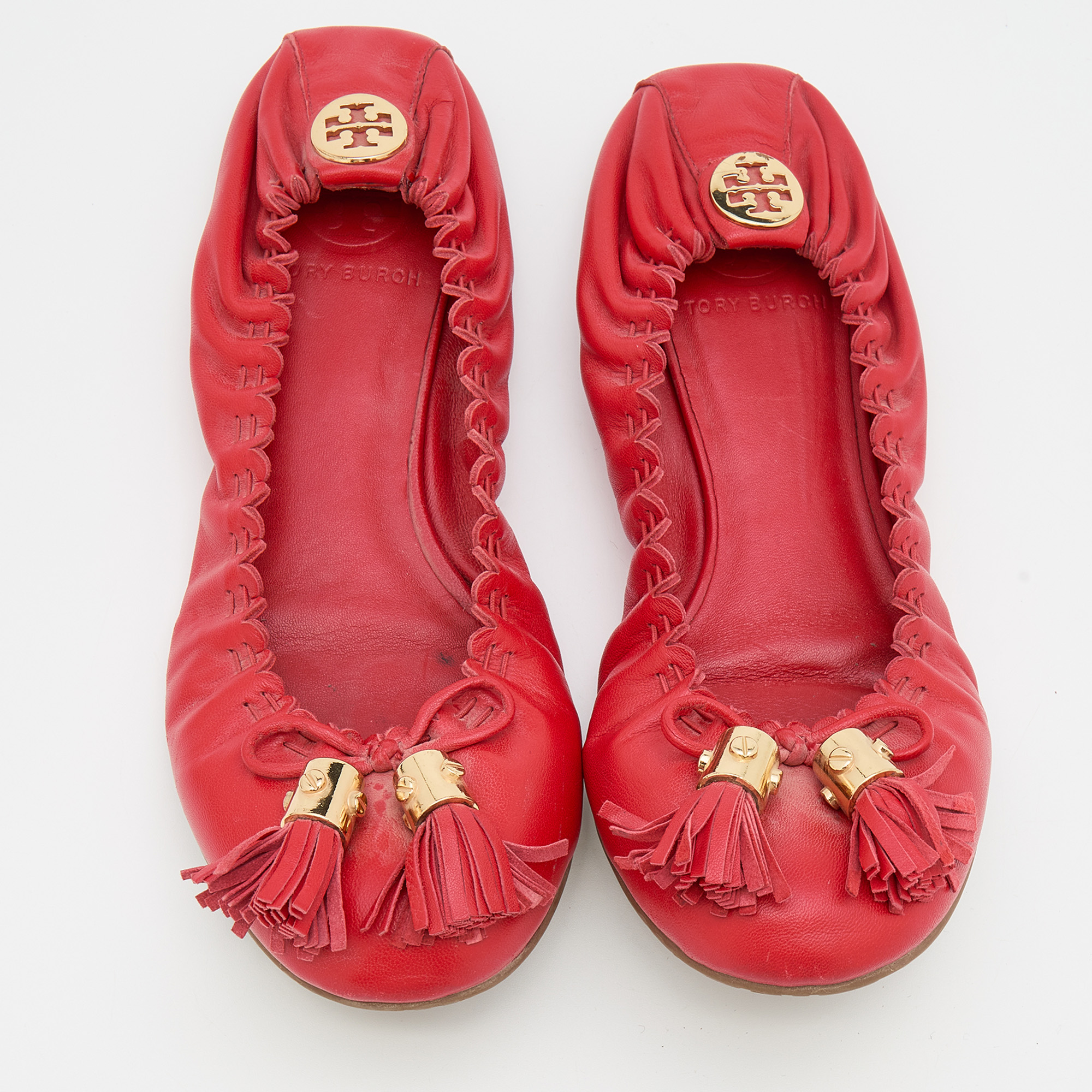 Tory Burch Red Leather Reese Tassel Scrunch Ballet Flats Size 38