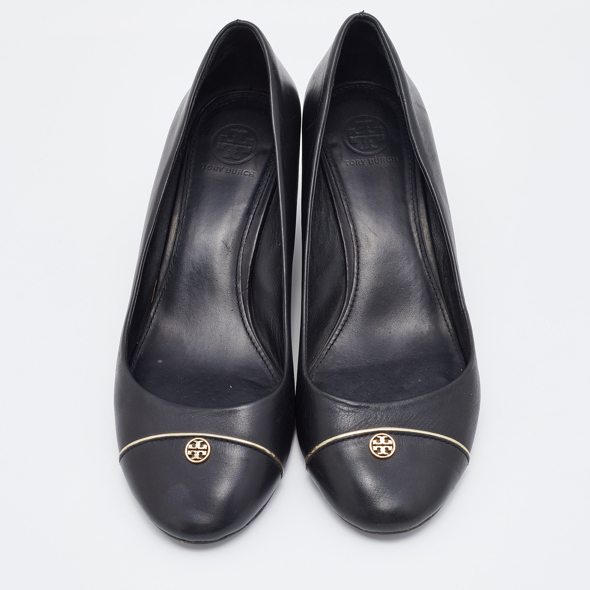 Tory Burch Black Leather Cap Toe Wedge Pumps Size 40