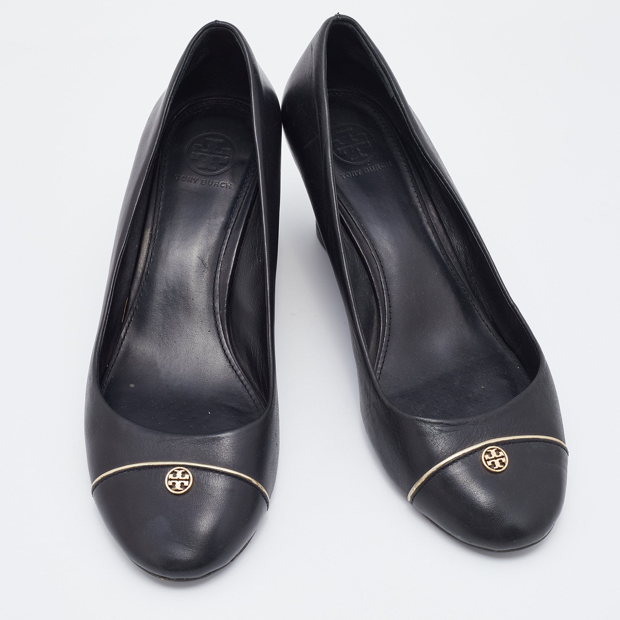 Tory Burch Black Leather Cap Toe Wedge Pumps Size 40