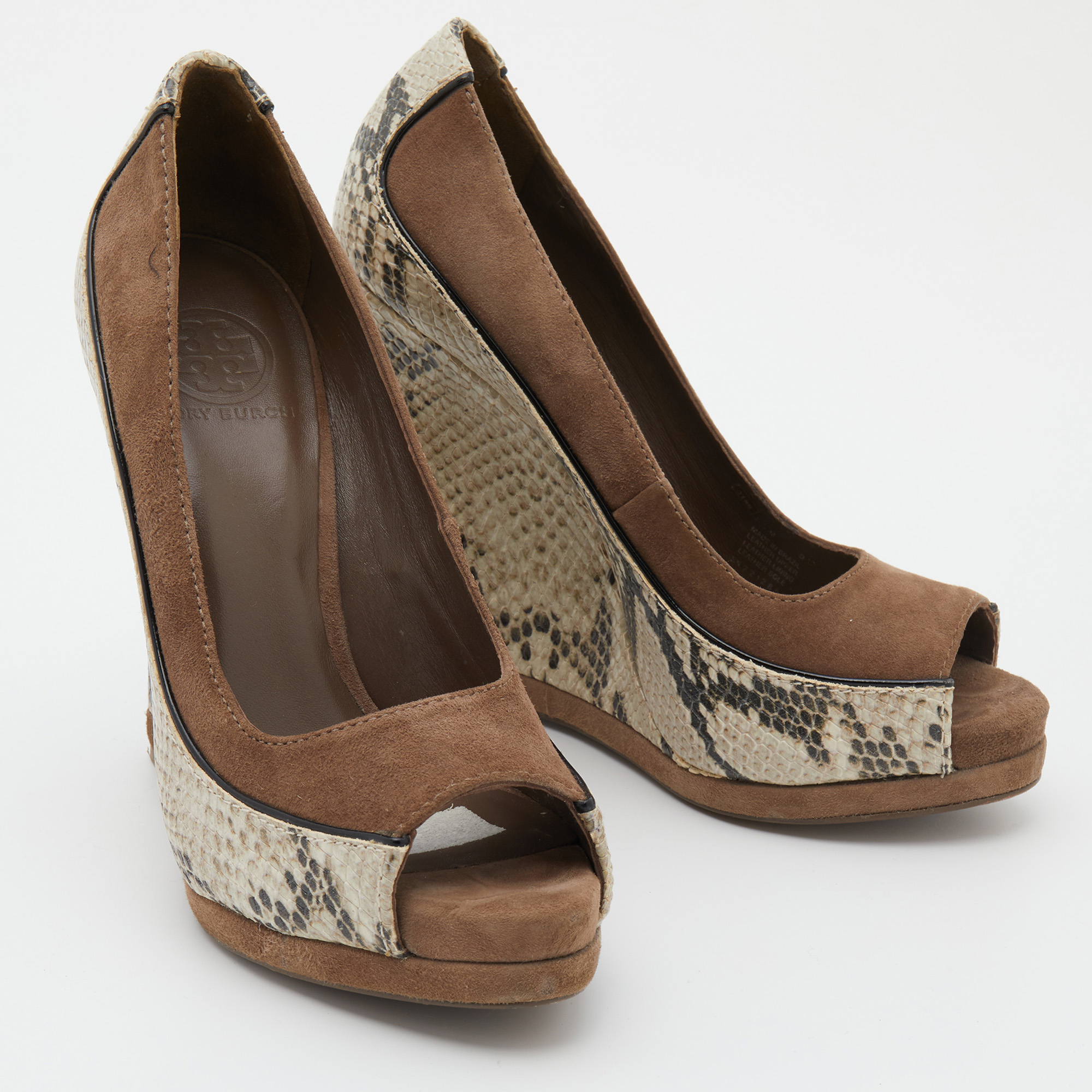 Tory Burch Brown Suede And Python Embossed Leather Sandra Wedge Pumps Size 38