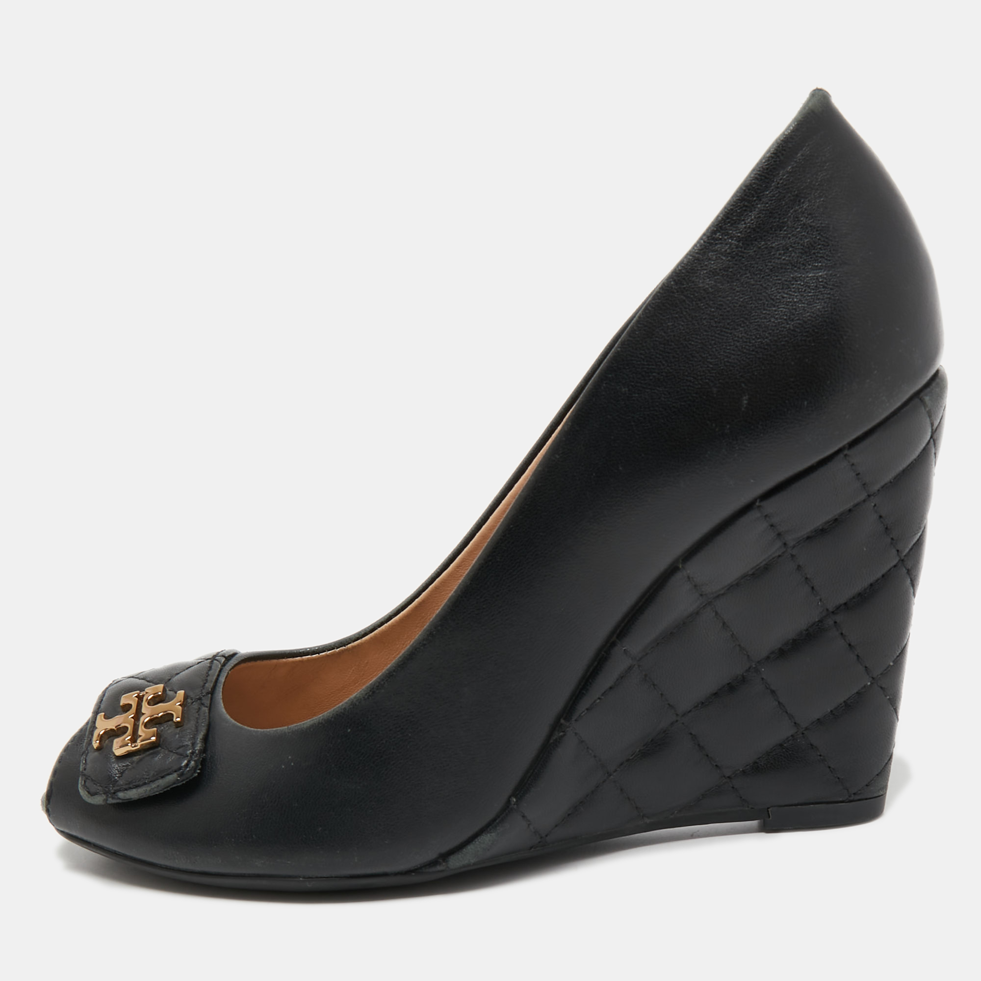 Tory Burch Black Leather Leila Peep Toe Wedge Pumps Size 38.5