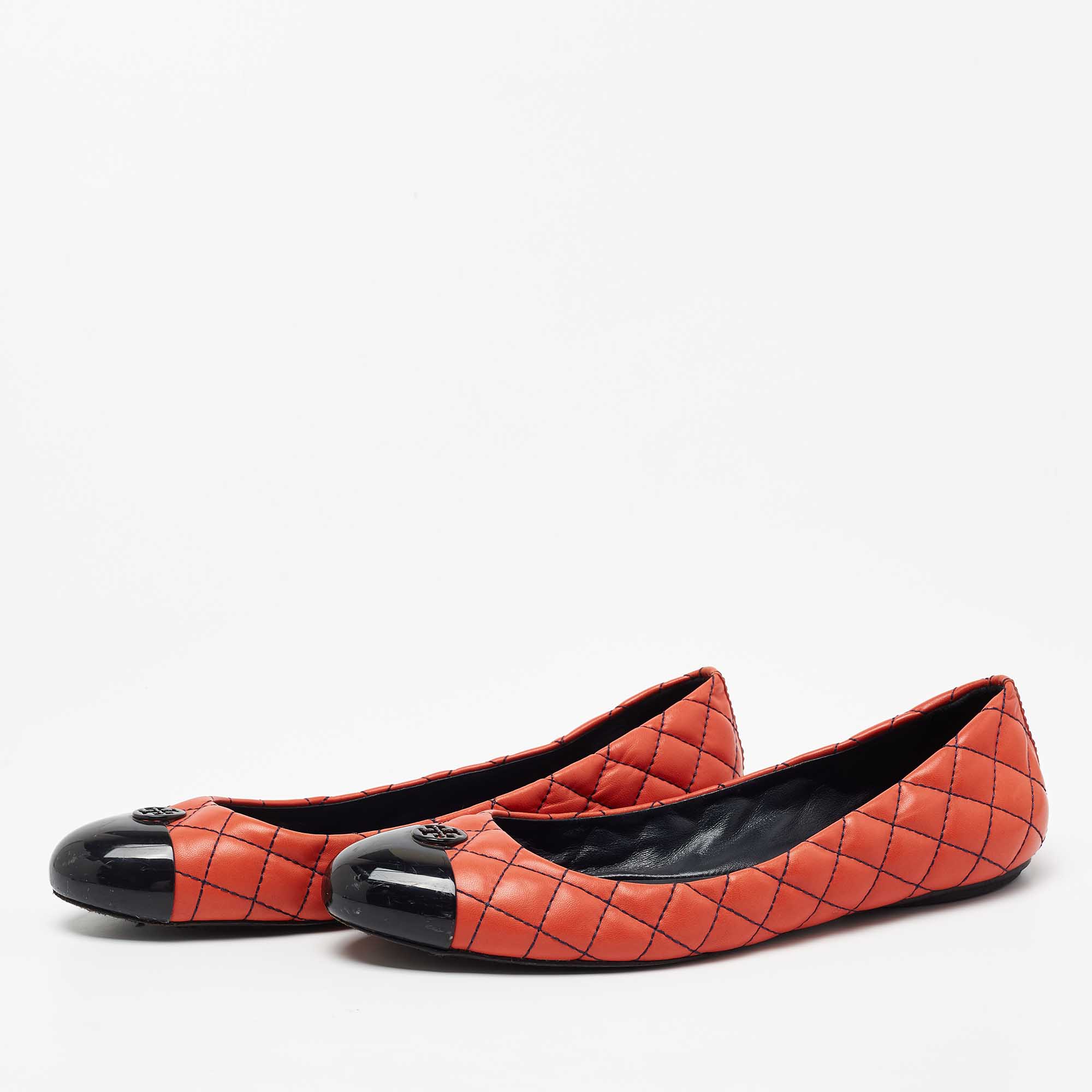 

Tory Burch Orange/Black Quilted Leather and Patent Cap Toe Kaitlin Ballet Flats Size