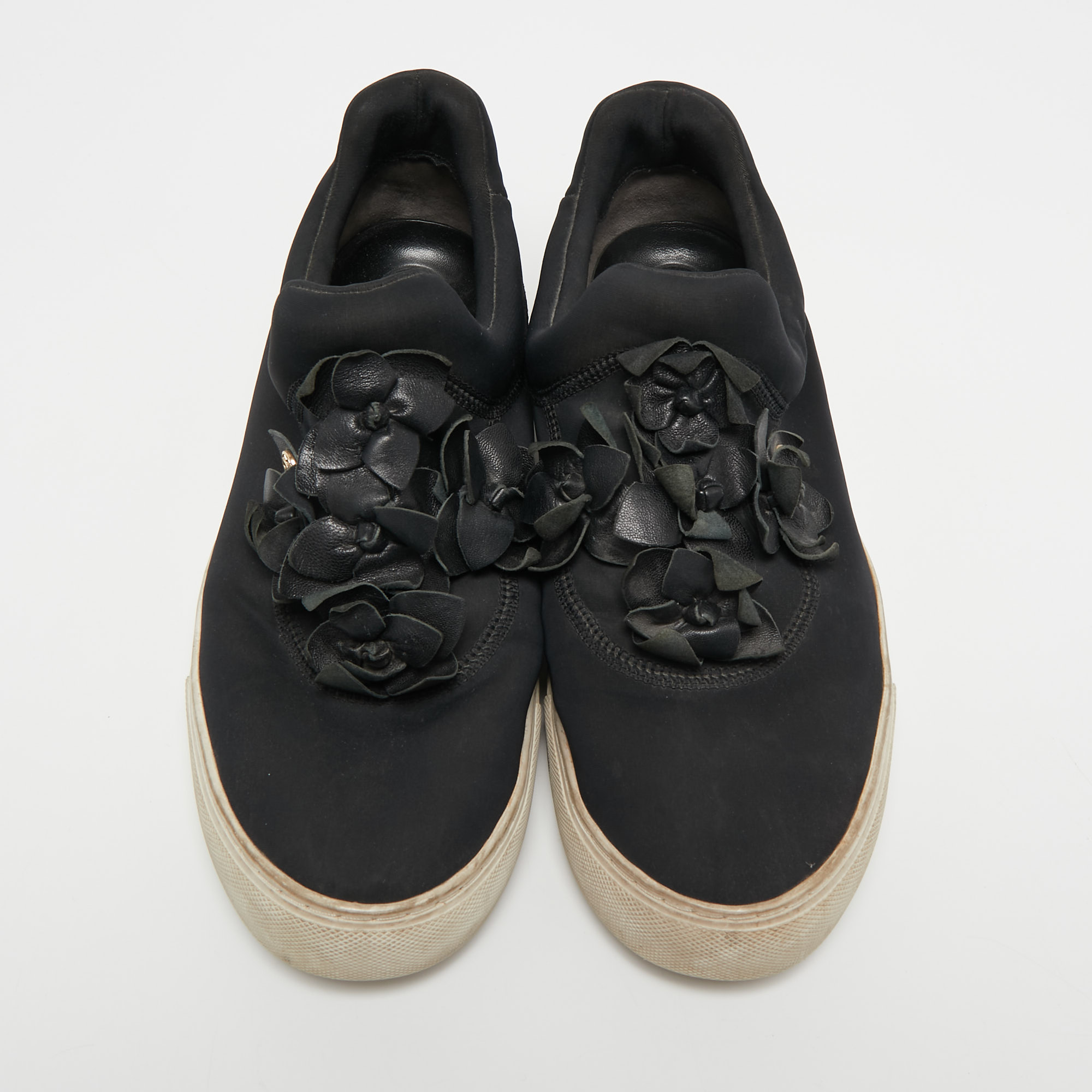 Tory Burch Black Neoprene And Leather Blossom Applique Slip On Sneakers Size 40.5