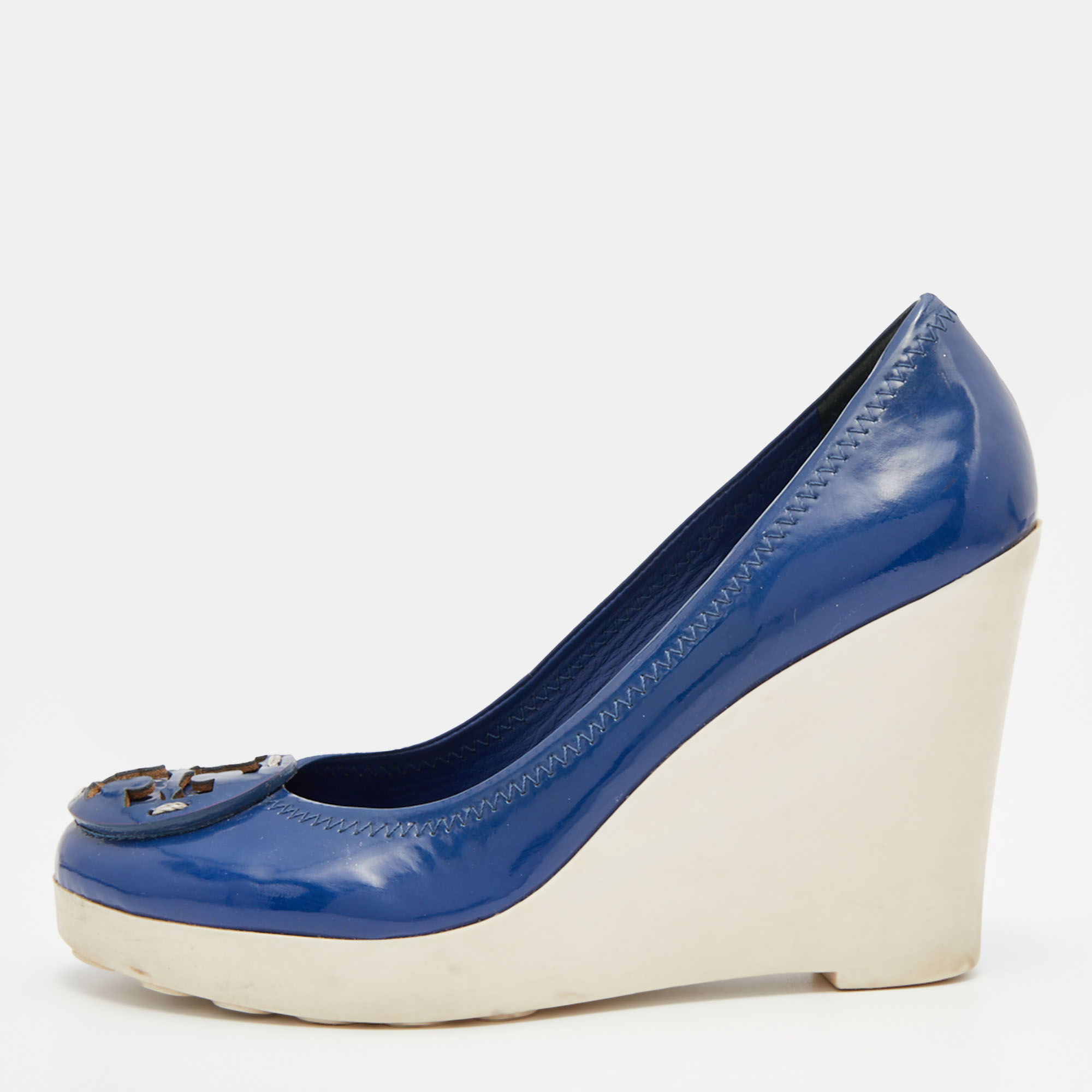 Tory Burch Navy Blue Patent Leather Logo Platform Wedge Pumps Size 37.5