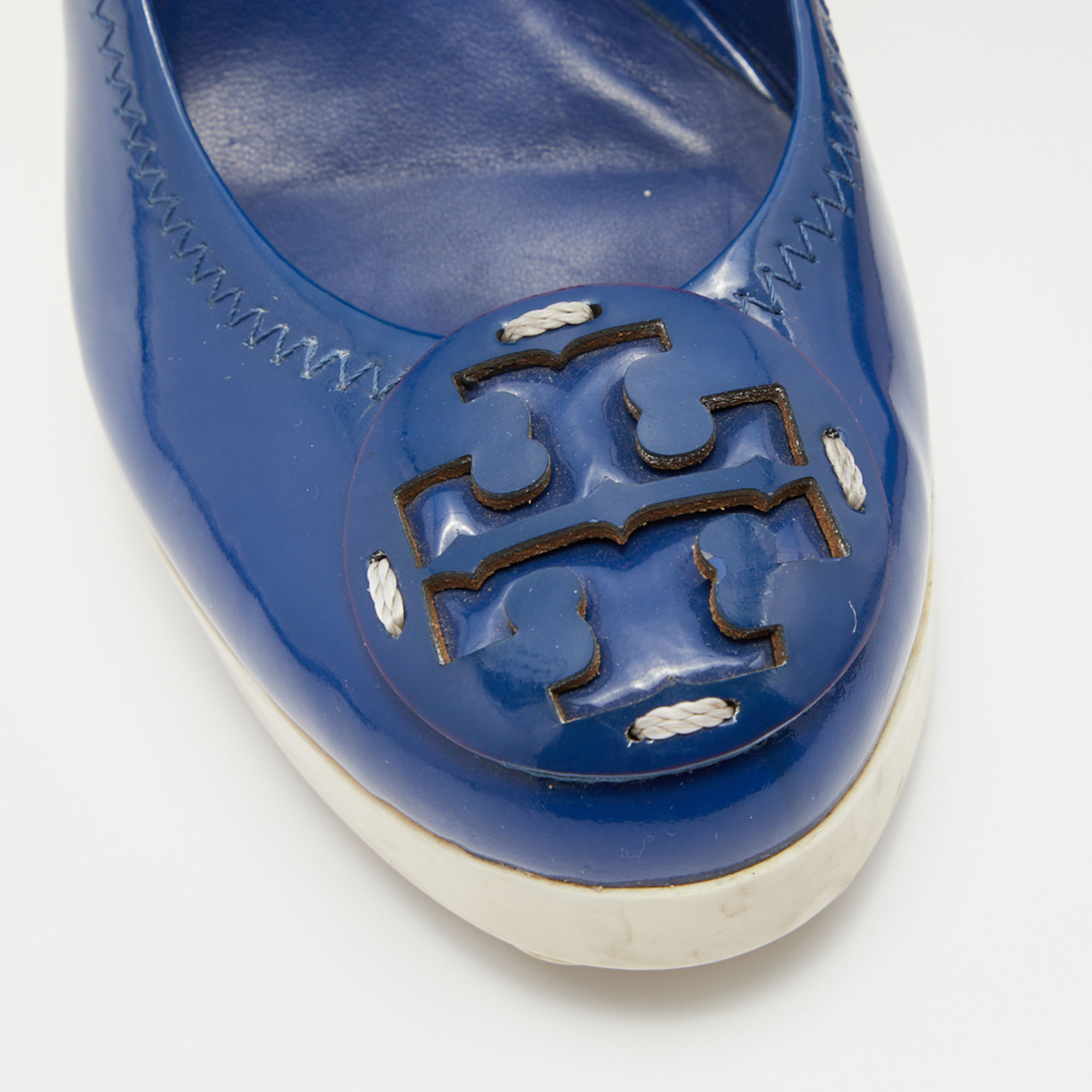 Tory Burch Navy Blue Patent Leather Logo Platform Wedge Pumps Size 37.5